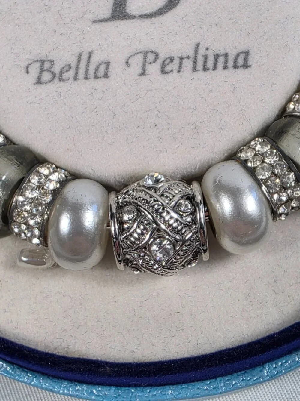 Bella Perlina Silver-Tone Charm Bracelet White Pearl Beads Crystal Accents NEW